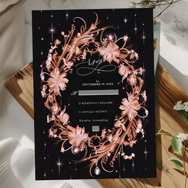 Cartão RSVP Casamento Floral do Ornamentado Negro Delicado (Criador carregado)