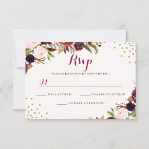 Cartão RSVP Casamento floral dos confetes de Borgonha