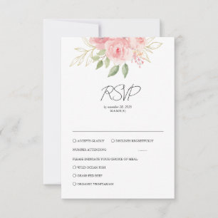 Cartão RSVP Casamento Floral Dourado Aquarela Rosa Elegante