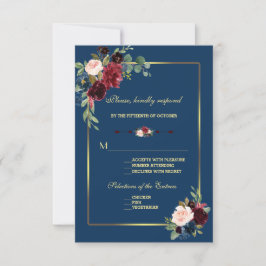Cartão RSVP Casamento Floral Dourado Azul Marinho Borgonha