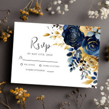 Casamento Floral Dourado Azul-Marinho Elegante
