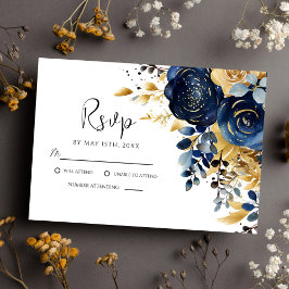 Cartão RSVP Casamento Floral Dourado Azul-Marinho Elegante