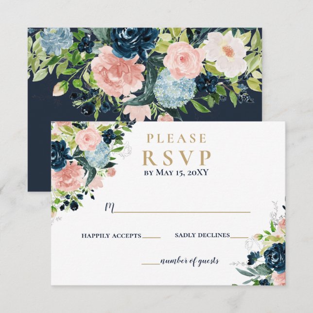 Cartão RSVP Casamento Floral Dourado com Marinho de Aquarela R (Frente/Verso)