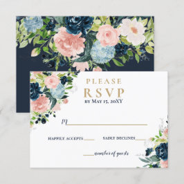 Cartão RSVP Casamento Floral Dourado com Marinho de Aquarela R