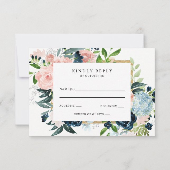 Cartão RSVP Casamento Floral Dourado com Marinho de Aquarela R (Frente)