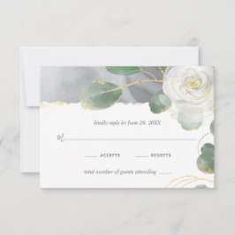 Cartão RSVP Casamento Floral Dourado com Rosa Verde-Branco