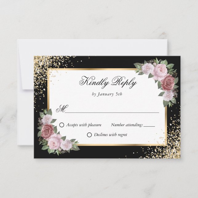 Cartão RSVP Casamento Floral Dourado Confetti Preto-Cor-de-Ros (Frente)