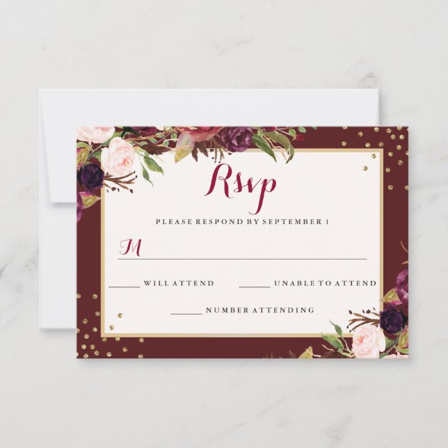 Cartão RSVP Casamento Floral Dourado de Borgonha Confetti (Frente)