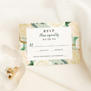 Cartão RSVP Casamento Floral Dourado de Creme Verde