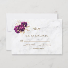 Cartão RSVP Casamento Floral Dourado de Marble Elegante Fuchsi