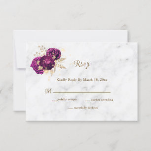 Cartão RSVP Casamento Floral Dourado de Marble Elegante Fuchsi