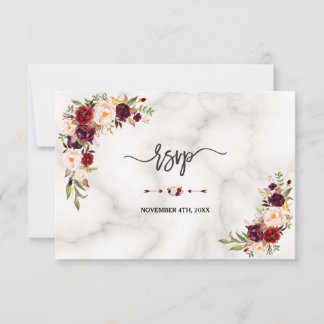 Cartão RSVP Casamento Floral Dourado de Marble, Rosa Burgundy