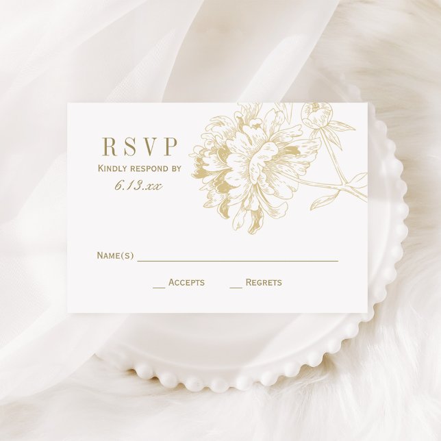 Cartão RSVP Casamento Floral Dourado de Peony Elegante Champag (Criador carregado)