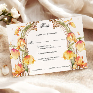 Cartão RSVP Casamento Floral Dourado e Amarelo Vibrante Elegan