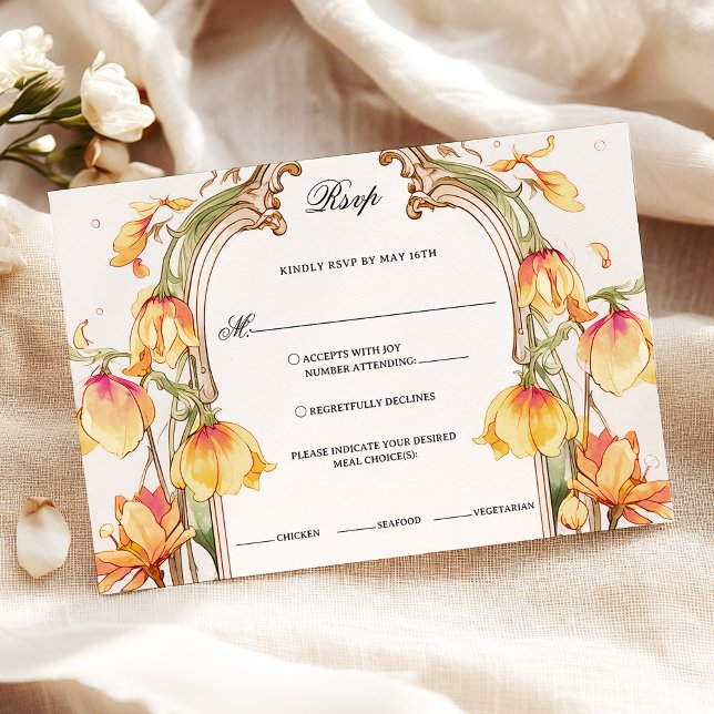 Cartão RSVP Casamento Floral Dourado e Amarelo Vibrante Elegan (Criador carregado)