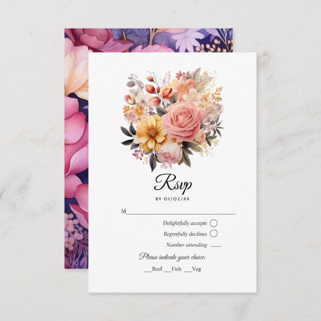 Cartão RSVP Casamento Floral Dourado e Blush (Frente/Verso)
