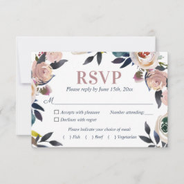 Cartão RSVP Casamento Floral Elegante Azul Naval e Rosa Poeira