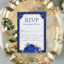 Cartão RSVP Casamento Floral Elegante Elegante Real Azul