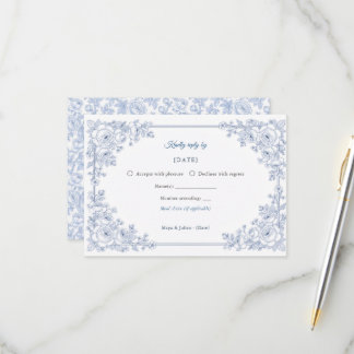 Cartão RSVP Casamento Floral Elegante em Azul e Branco Chinois