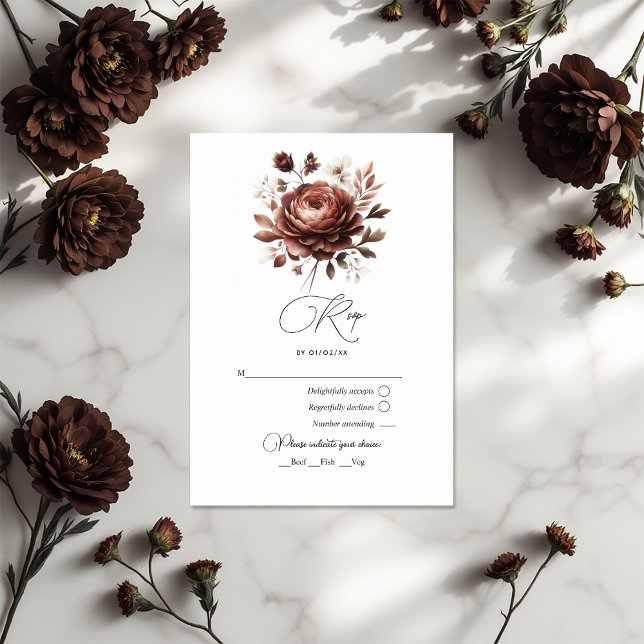 Cartão RSVP Casamento Floral Elegante Mocha Mousse (Elegant Mocha Mousse Floral Wedding RSVP Card)
