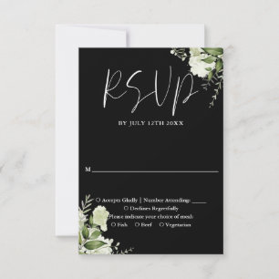 Cartão RSVP Casamento Floral Elegante Preto e Branco