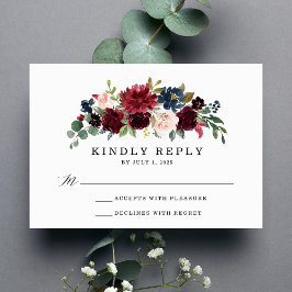 Cartão RSVP Casamento Floral Elegante Rosa Bege Burgundy Azul-
