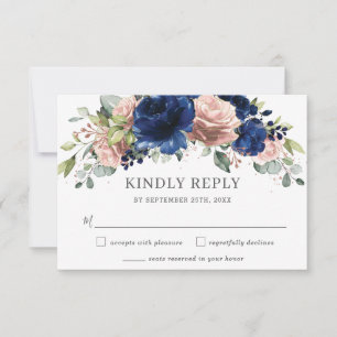 Cartão RSVP Casamento Floral Elegante Rosa Dourada Azul Marinh