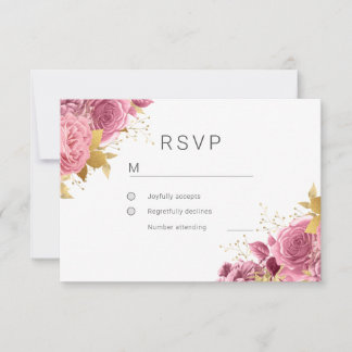 Cartão RSVP Casamento Floral Elegante Rosa e Dourado