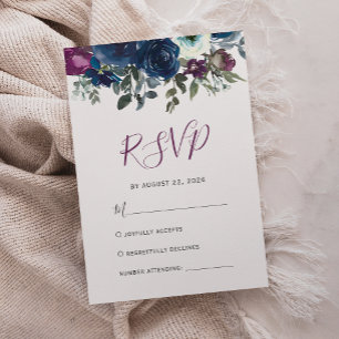Cartão RSVP Casamento Floral em Aquarela Azul-Marinho Ameixa