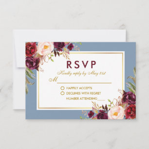 Cartão RSVP Casamento Floral em Aquarela Burgundy Azul Desbota