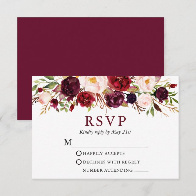 Cartão RSVP Casamento Floral em Aquarela Burgundy Elegante (Frente/Verso)