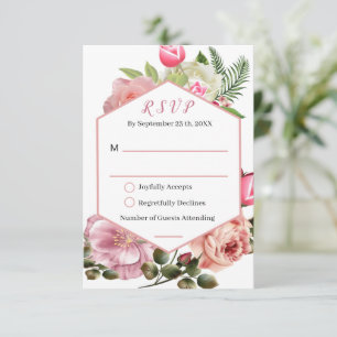 Cartão RSVP Casamento Floral em Aquarela com Hexágono Rosa