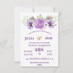 Cartão RSVP Casamento Floral em Aquarela Roxa Elegante