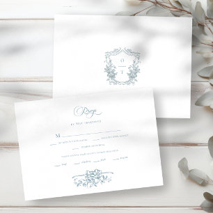 Cartão RSVP Casamento Floral em Arte Linear Azul Poético