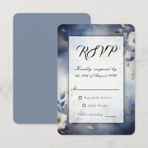 Cartão RSVP Casamento Floral em Azul Marinho e Dourado