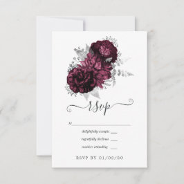Cartão RSVP Casamento Floral em Borgonha e Prata