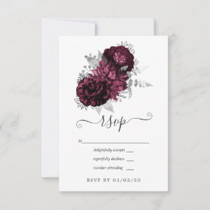Cartão RSVP Casamento Floral em Borgonha e Prata