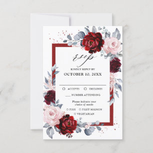 Cartão RSVP Casamento Floral em Burgundy, Poeira Azul e Ardósi