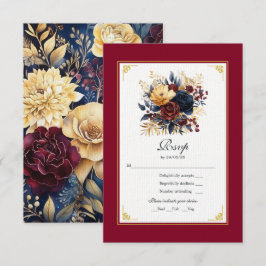 Cartão RSVP Casamento Floral em Dourado, Azul Marinho e Burgun