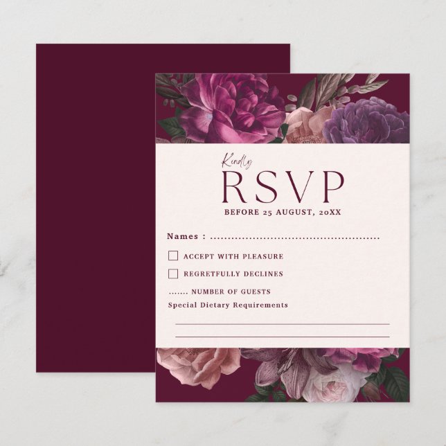 Cartão RSVP Casamento Floral em Verde Esmeralda e Dourado (Frente/Verso)