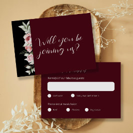 Cartão RSVP Casamento Floral Escuro Elegante Burgundy