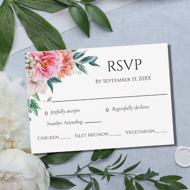 Cartão RSVP Casamento Floral Eucalyptus Pessonies Pessegueiros (Criador carregado)