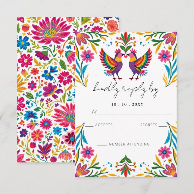Cartão RSVP Casamento Floral Fiesta - Aves Otomi Mexicanas Vib (Frente/Verso)