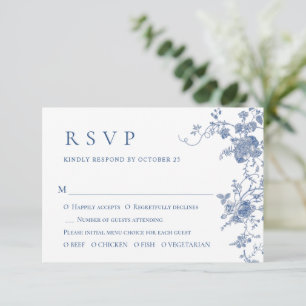 Cartão RSVP Casamento Floral Francês Azul Vitoriano Elegante