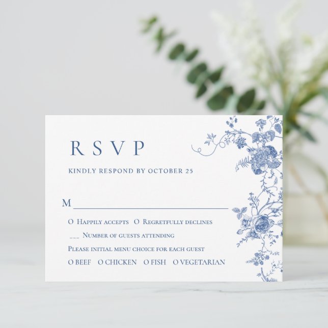 Cartão RSVP Casamento Floral Francês Azul Vitoriano Elegante (Em pé/Frente)