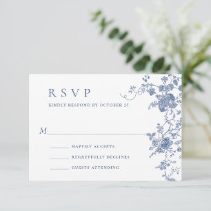 Cartão RSVP Casamento Floral Francês Azul Vitoriano Elegante