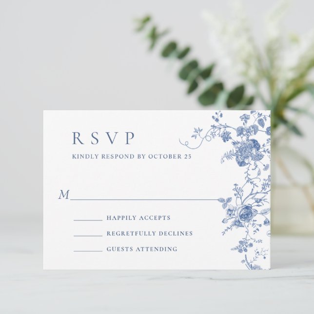 Cartão RSVP Casamento Floral Francês Azul Vitoriano Elegante (Em pé/Frente)