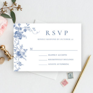 Cartão RSVP Casamento Floral Francês Azul Vitoriano Elegante