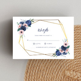 Cartão RSVP Casamento Floral Geométrico Azul Marinho e Bege