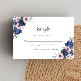 Cartão RSVP Casamento Floral Geométrico Azul Marinho e Bege